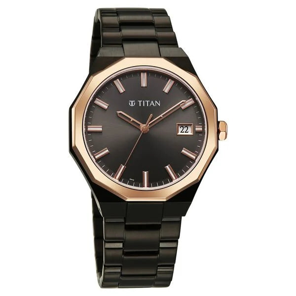 Titan Regalia Dodecagon Quartz Analog with Date Grey Dial Black Stainless Steel Strap Watch For Men 90212km02 - KRISHNA WATCH COMPANY