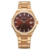 Titan Regalia Dodecagon Brown Dial Rose Gold Watch For Men - 90212WM01