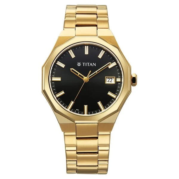 Titan Regalia Dodecagon Quartz Analog with Date Black Dial Golden Stainless Steel Strap Watch For Men 90212ym01 - KRISHNA WATCH COMPANY