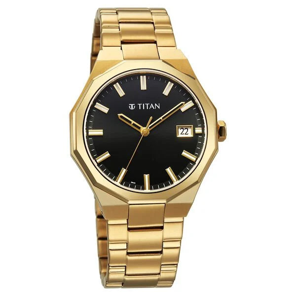 Titan Regalia Dodecagon Quartz Analog with Date Black Dial Golden Stainless Steel Strap Watch For Men 90212ym01 - KRISHNA WATCH COMPANY