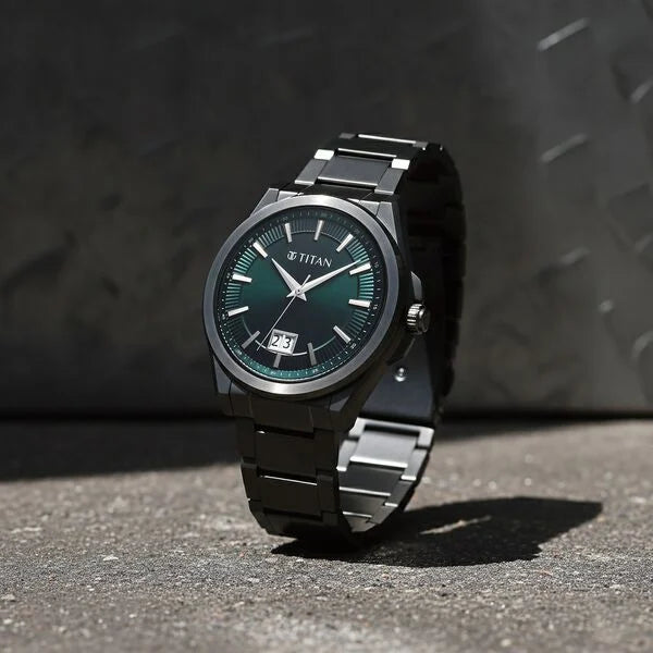 Titan Classique Big Date Analog with Green Dial Dark Gun Stainless Steel Strap Watch for Men 90219qm01