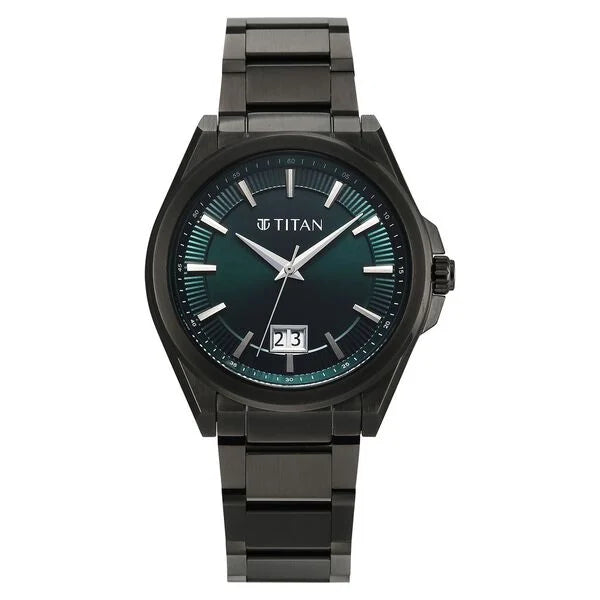Titan Classique Big Date Analog with Green Dial Dark Gun Stainless Steel Strap Watch for Men 90219qm01