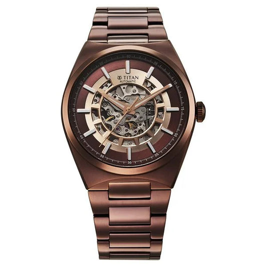 Titan Nexus Skeletal Automatic Analog with Brown Dial Brown Stainless Steel Strap Watch for Men 90221qm01
