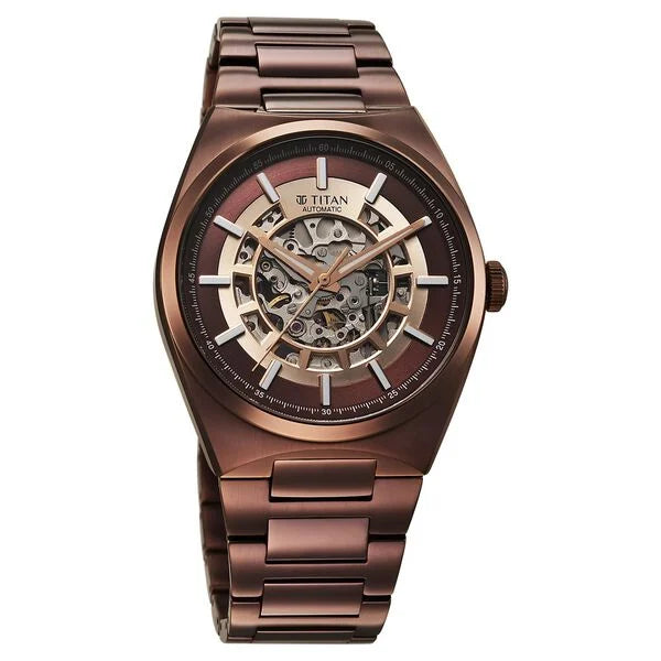Titan Nexus Skeletal Automatic Analog with Brown Dial Brown Stainless Steel Strap Watch for Men 90221qm01
