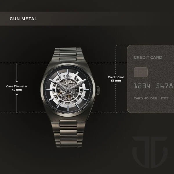 Titan Nexus Skeletal Automatic Analog with Gun Dial Gun Stainless Steel Strap Watch for Men 90221qm02