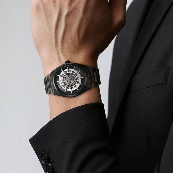 Titan Nexus Skeletal Automatic Analog with Gun Dial Gun Stainless Steel Strap Watch for Men 90221qm02