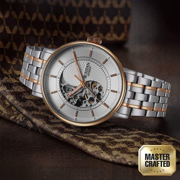 Titan Yin Yang Skeletal Automatic Analog with White Dial Silver and Rose Gold Stainless Steel Strap Watch for Men 90222km01