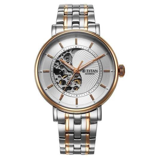 Titan Yin Yang Skeletal Automatic Analog with White Dial Silver and Rose Gold Stainless Steel Strap Watch for Men 90222km01