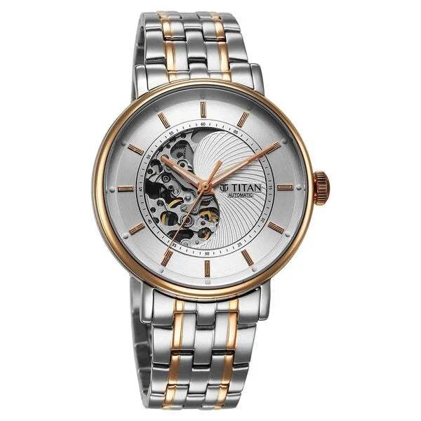 Titan Yin Yang Skeletal Automatic Analog with White Dial Silver and Rose Gold Stainless Steel Strap Watch for Men 90222km01