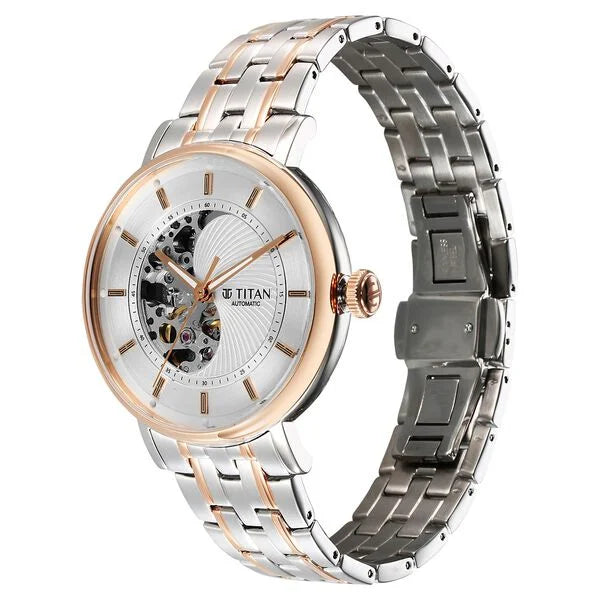 Titan Yin Yang Skeletal Automatic Analog with White Dial Silver and Rose Gold Stainless Steel Strap Watch for Men 90222km01