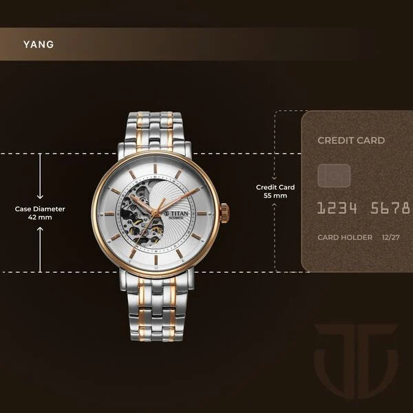 Titan Yin Yang Skeletal Automatic Analog with White Dial Silver and Rose Gold Stainless Steel Strap Watch for Men 90222km01