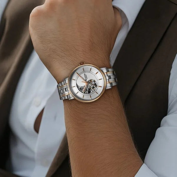 Titan Yin Yang Skeletal Automatic Analog with White Dial Silver and Rose Gold Stainless Steel Strap Watch for Men 90222km01