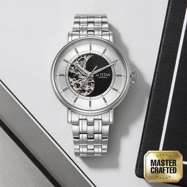 Titan Yin Yang Skeletal Automatic Analog with Black Dial Silver Stainless Steel Strap Watch for Men 90222sm01