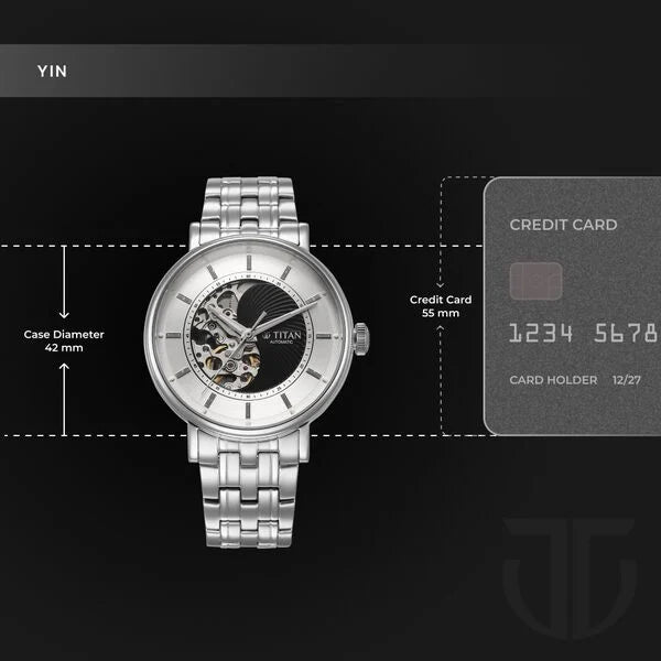 Titan Yin Yang Skeletal Automatic Analog with Black Dial Silver Stainless Steel Strap Watch for Men 90222sm01