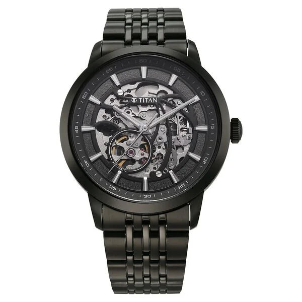 Titan Phoenix Skeletal Automatic Analog with Gun Dial Black Stainless Steel Strap Watch for Men 90223nm01