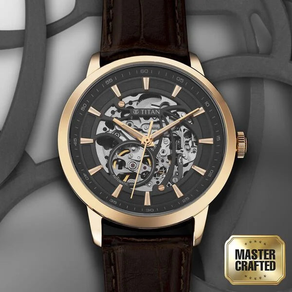 Titan Phoenix Skeletal Automatic Analog with Gun Dial Brown Leather Strap Watch for Men 90223wl01 - KRISHNA WATCH COMPANY