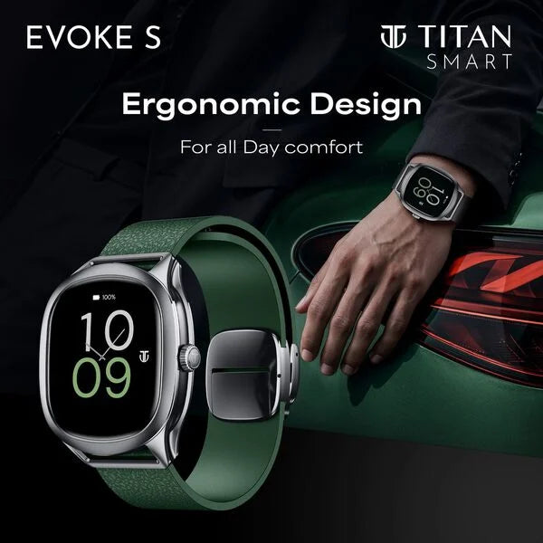 Titan EVOKE S Smartwatch with 1.7" AMOLED Display AI Chat Smart Glance Flush strap Transition Magnetic Precision Buckle 90249qp01k