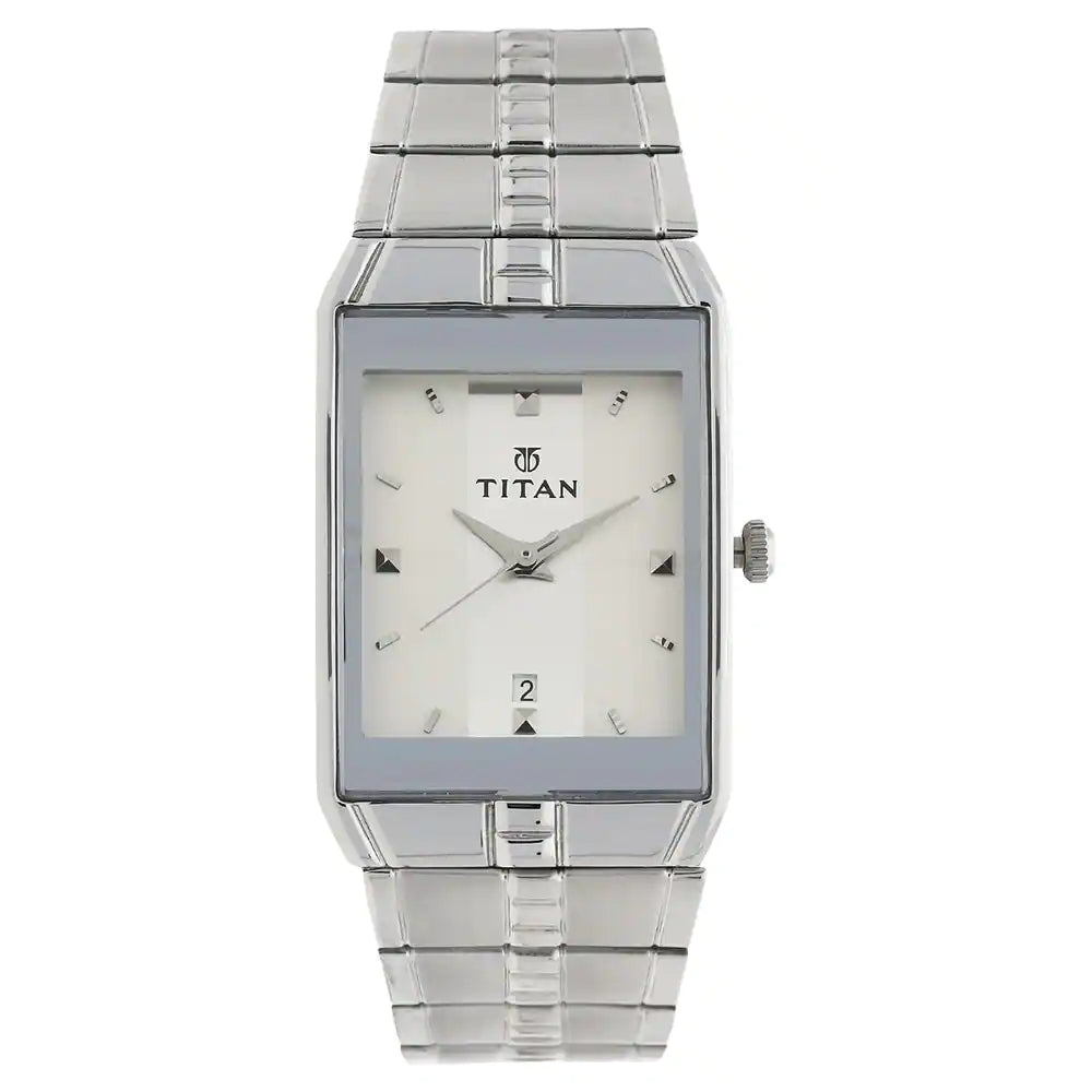 Titan White Dial Silver Stainless Steel Strap Watch - 9151SM01