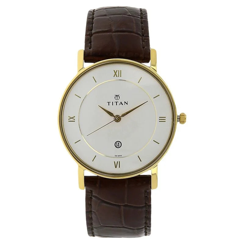 Titan Quartz Analog with Date White Dial Leather Strap Watch for Men 9162YL01