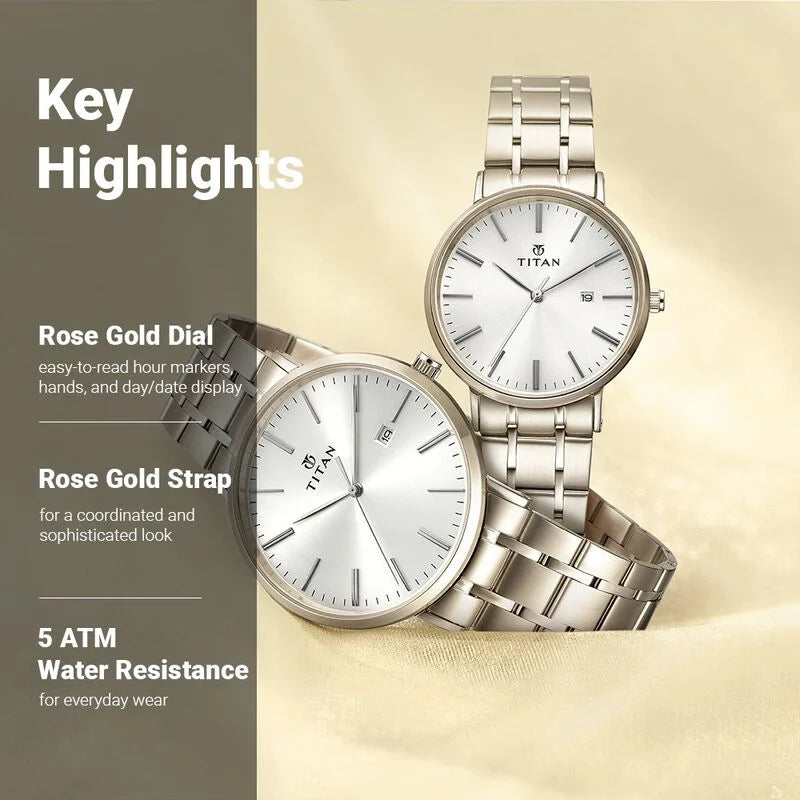 Titan Quartz Analog with Date Rose Gold Dial Stainless Steel Strap Watch for Couple / 9400294202WM01P