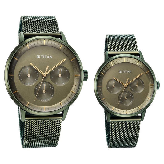 Titan Bandhan Green Dial Quartz Multifunction Stainless Steel Strap watch for Couple 9400694206QM02P