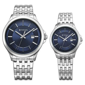 Titan Bandhan Quartz Analog with Date Blue Dial Silver Stainless Steel Strap Watch For Couple 9401194211sm01 - KRISHNA WATCH COMPANY