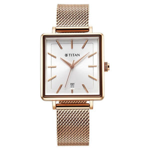 Titan Minimalists Quartz Analog with Date Silver Dial Rose Gold Stainless Steel Strap Watch for Women / 94205WM01 - KRISHNA WATCH COMPANY