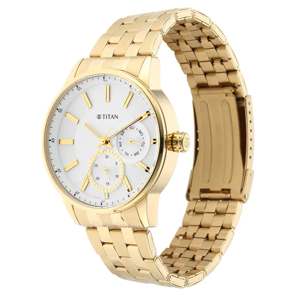Titan Regalia Opulent White Dial Golden Stainless Steel Strap Watch NP9441YM01