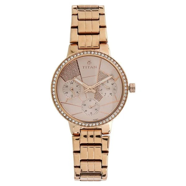 Titan Whimsy Rose Gold Dial Quartz Multifunction Stainless Steel Strap Watch for Women 95058wm02