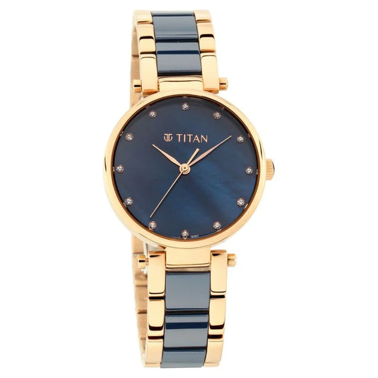 Titan Quartz Analog Blue Dial Ceramic Strap Watch for Women  95061WD05