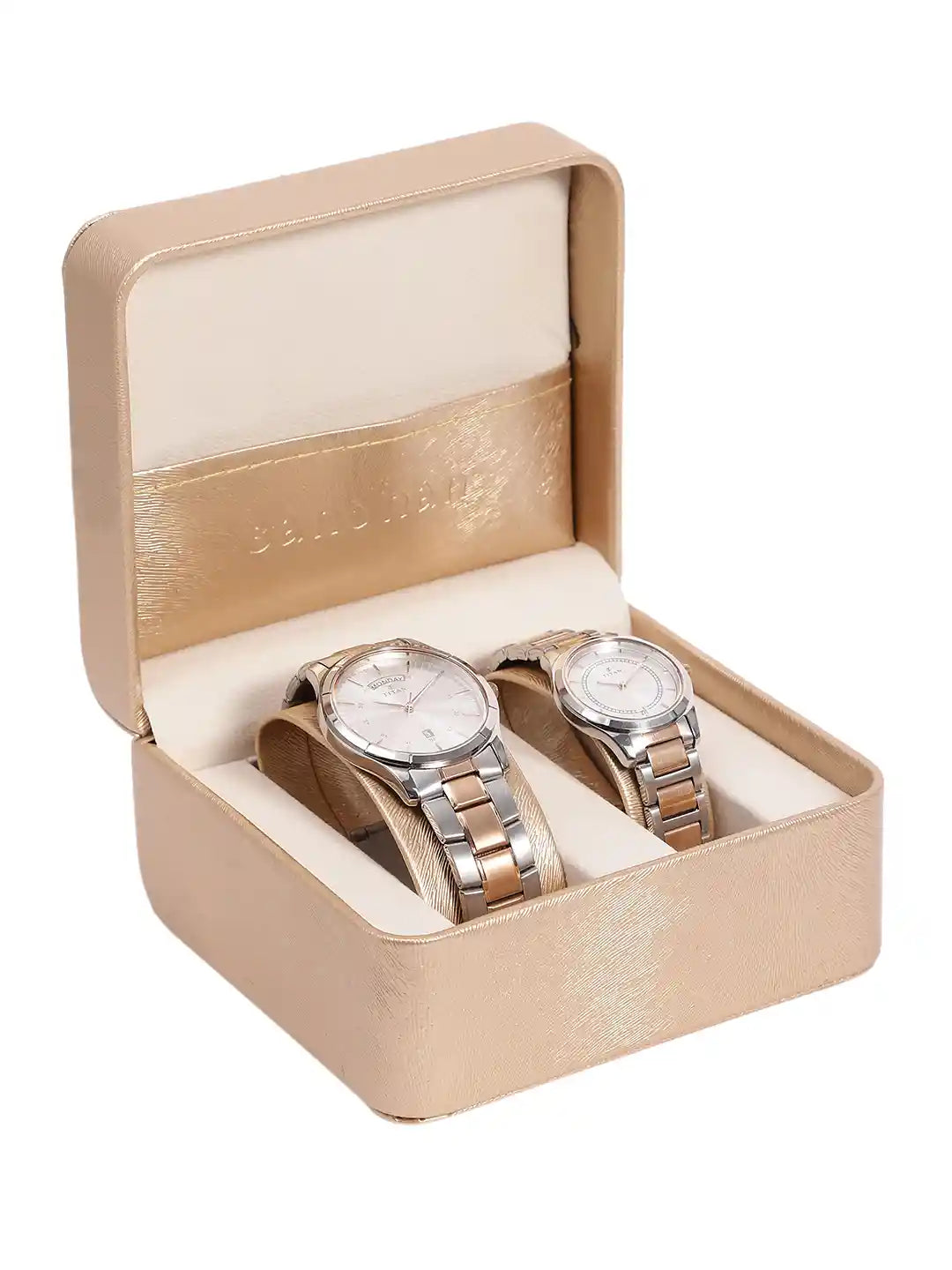 Titan Bandhan Quartz Analog with Day and Date Silver Dial Stainless Steel Strap Watch for Couple 17672596KM01