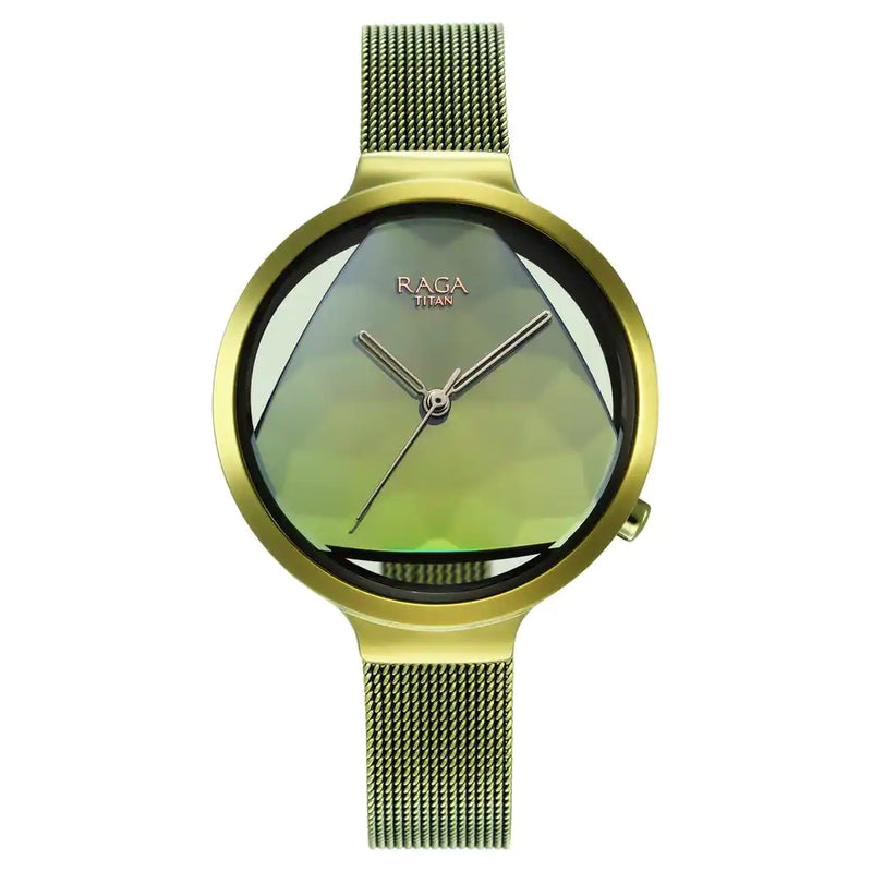 Titan Raga Moments of Joy Watch with Green Dial & Brass Strap - 95134QM01