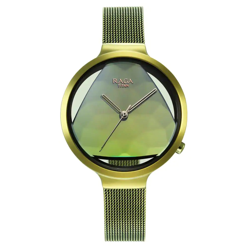 Titan Raga Moments of Joy Watch with Green Dial & Brass Strap - 95134QM01
