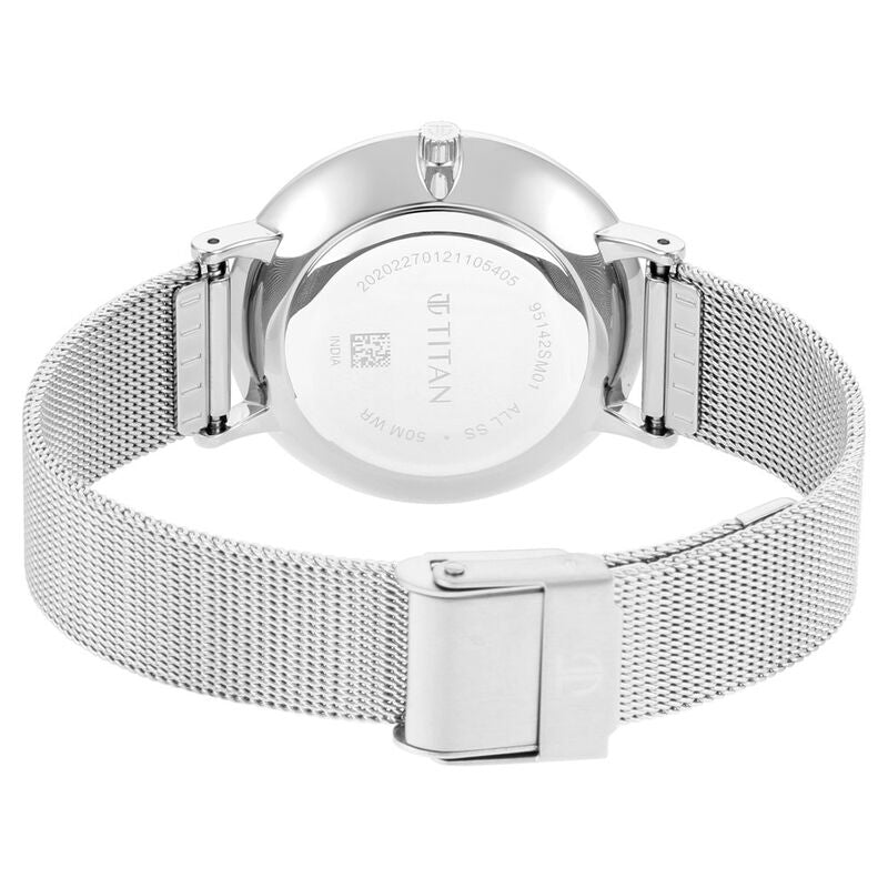 Titan Slimline Quartz Analog Offset Second Hand Blue Dial with Mesh Strap Watch for Women NS95142SM01 / 95142SM01
