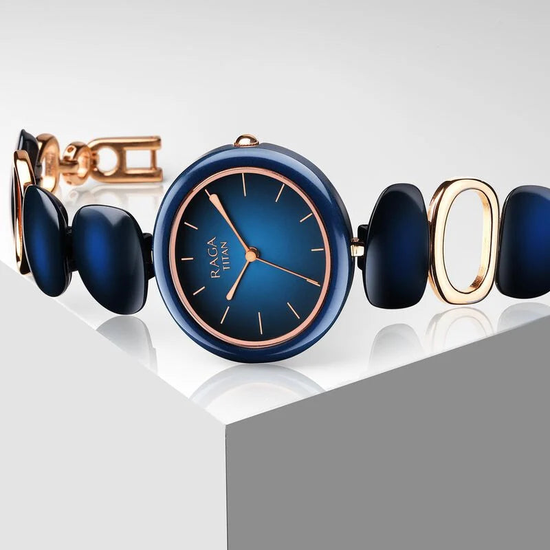 Titan Raga Ceramics Blue Dial Analog Metal Strap watch for Women  95146KD01