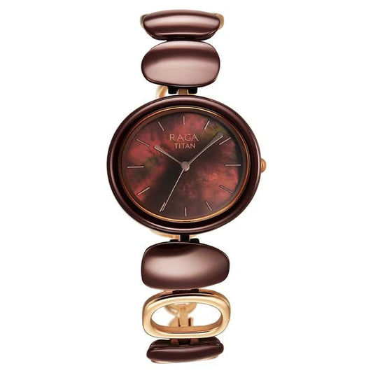 Titan Raga Ceramics Quartz Analog Brown Mother of pearl Dial Metal & Ceramic Strap Strap Watch For Women 95146kd03