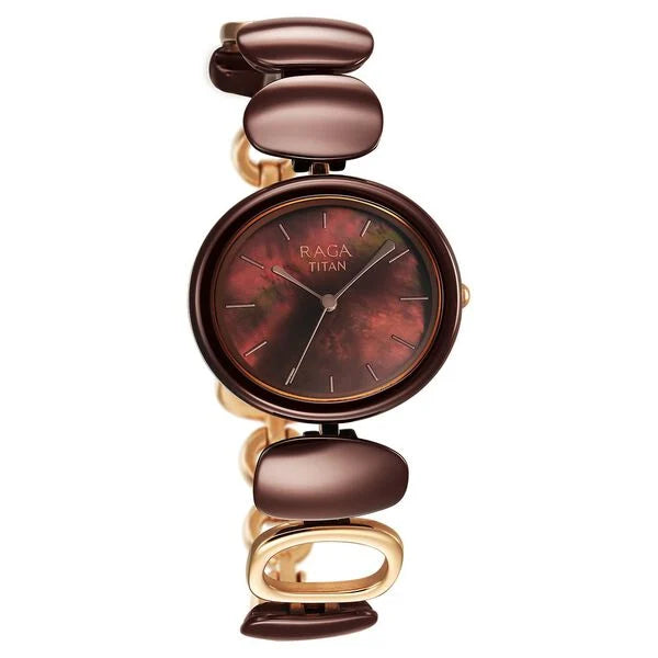 Titan Raga Ceramics Quartz Analog Brown Mother of pearl Dial Metal & Ceramic Strap Strap Watch For Women 95146kd03