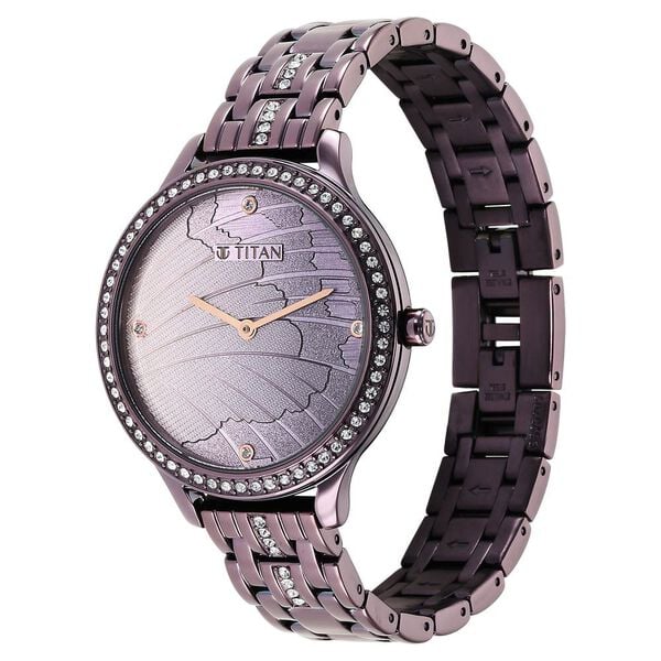 Titan Glitz Purple Dial Stainless Steel Strap Watch for Women 95209QM01