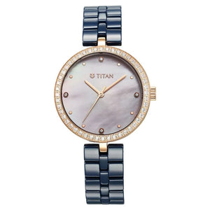 Titan Purple Ceramics Quartz Analog Mother of Pearl Dial Blue Ceramic Strap Watch For Women 95215KC03 - KRISHNA WATCH COMPANY