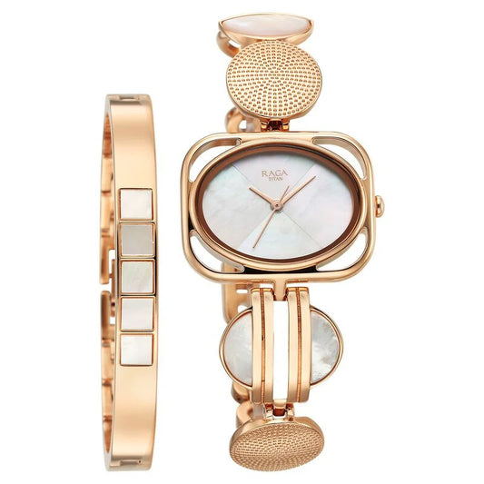 Titan Raga Power Pearls Quartz Analog Mother Of Pearl Dial Metal Strap Watch for Women 95225WM01F