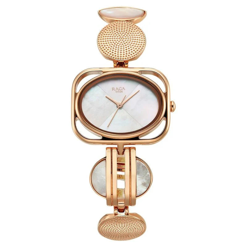 Titan Raga Power Pearls Quartz Analog Mother Of Pearl Dial Metal Strap Watch for Women 95225WM01F