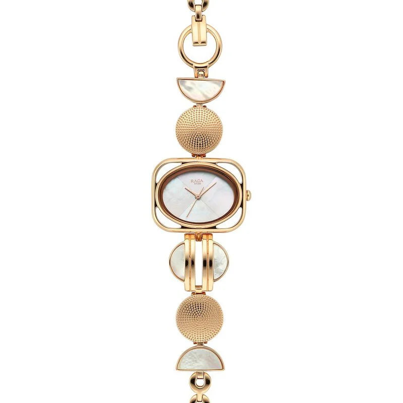 Titan Raga Power Pearls Quartz Analog Mother Of Pearl Dial Metal Strap Watch for Women 95225WM01F