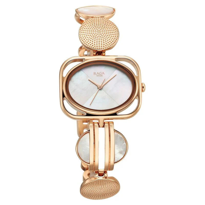 Titan Raga Power Pearls Quartz Analog Mother Of Pearl Dial Metal Strap Watch for Women 95225WM01F