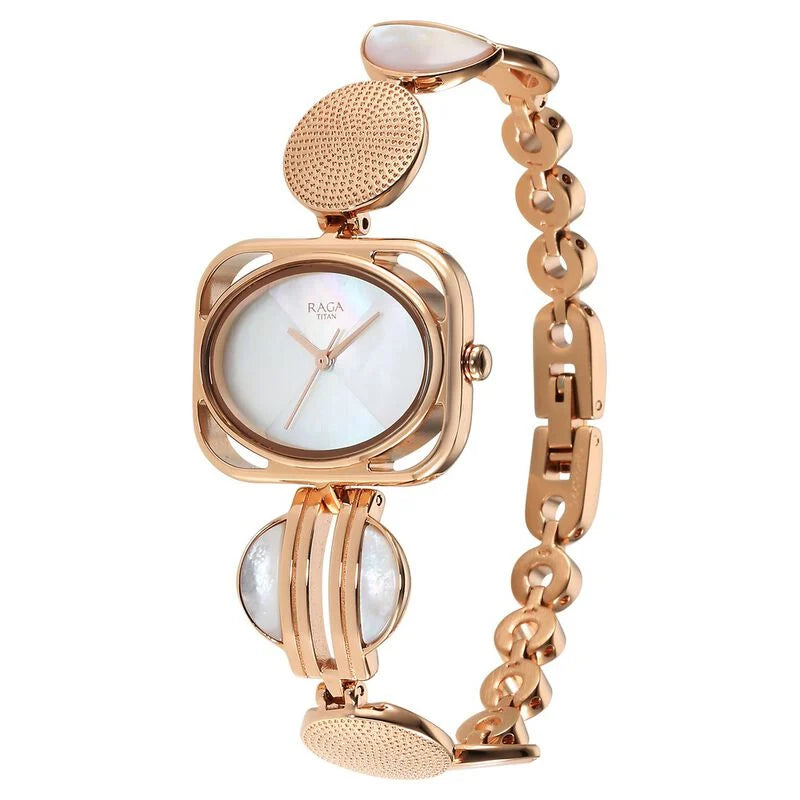 Titan Raga Power Pearls Quartz Analog Mother Of Pearl Dial Metal Strap Watch for Women 95225WM01F