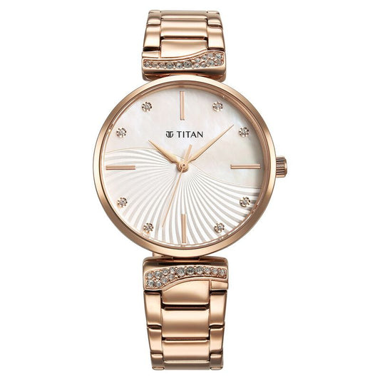 Titan Purple Style Up Quartz Analog Mother Of Pearl Dial Stainless Steel Strap Watch for Women 95237WM01