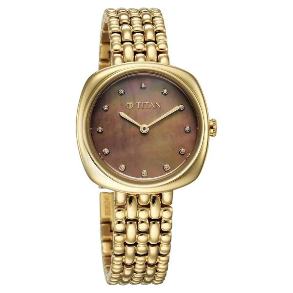 Titan Aura Quartz Analog Brown Mother of Pearl Dial Golden Watch for Women - 95241YM01