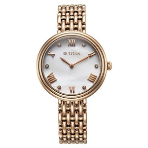 Titan Aura Quartz Analog White Mother of Pearl Dial Rose Gold Stainless Steel Strap Watch for Women 95243WM01 - KRISHNA WATCH COMPANY
