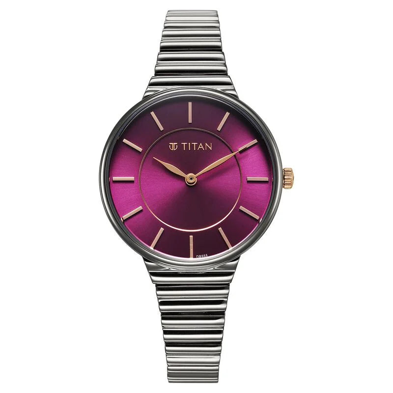 Titan Aura Quartz Analog Purple Dial Stainless Steel Strap Watch for Women 95245KM01