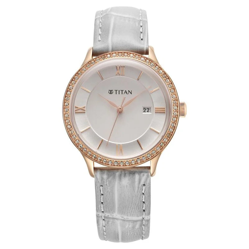 Titan Bright Leathers Quartz Analog with Date Silver Dial Leather Strap for Women  95247WL03