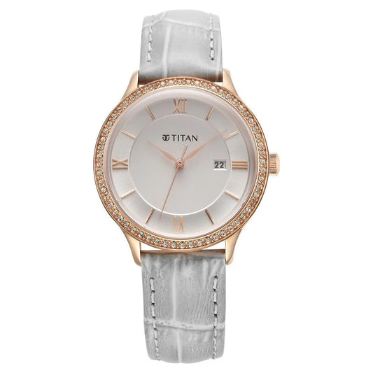 Titan Bright Leathers Quartz Analog with Date Silver Dial Leather Strap for Women  95247WL03